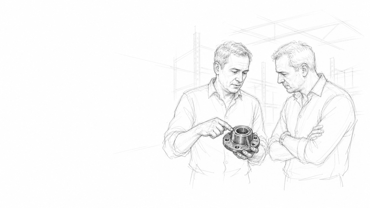 Pencil sketch: two colleagues examining a cast part together