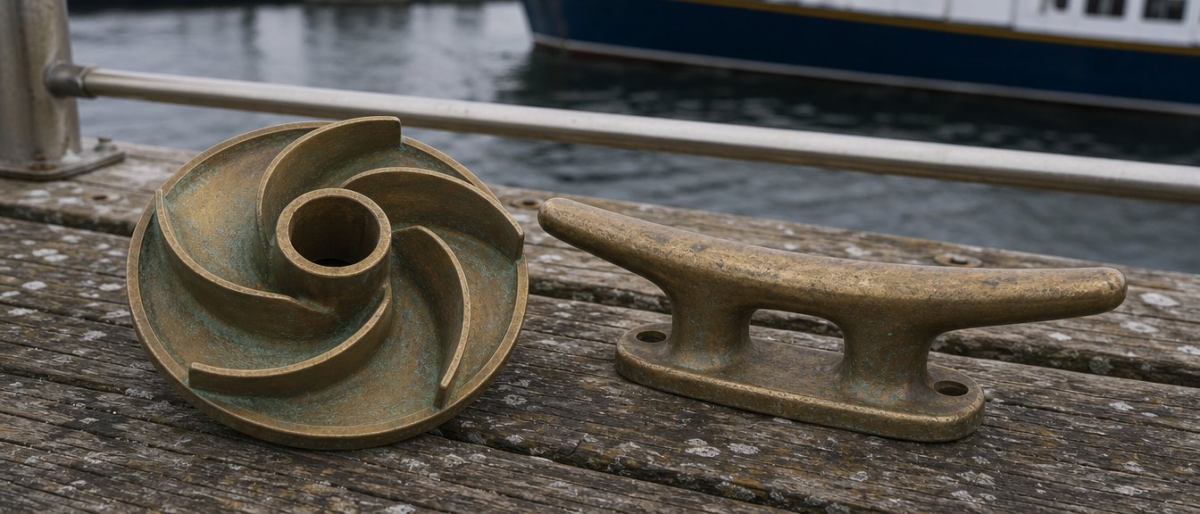 A cast bronze pump impeller and dock cleat on a weathered wharf, harbour water and a hull behind