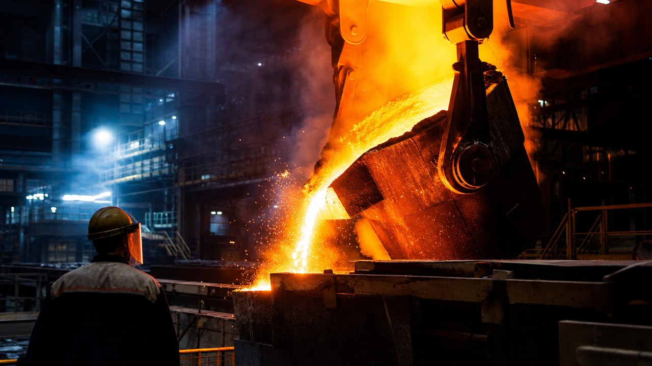 A foundryman watching molten iron pour from an overhead ladle into a mould