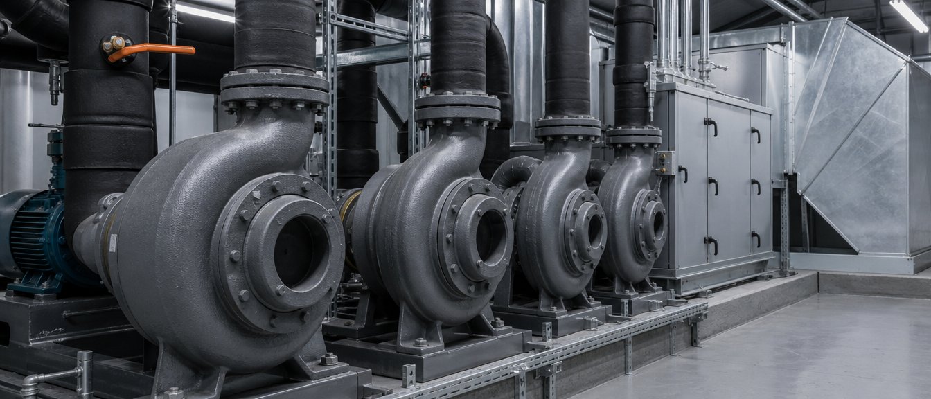 A row of cast iron pump volutes bolted into a chilled-water loop in a mechanical room, an air handler and galvanised duct behind