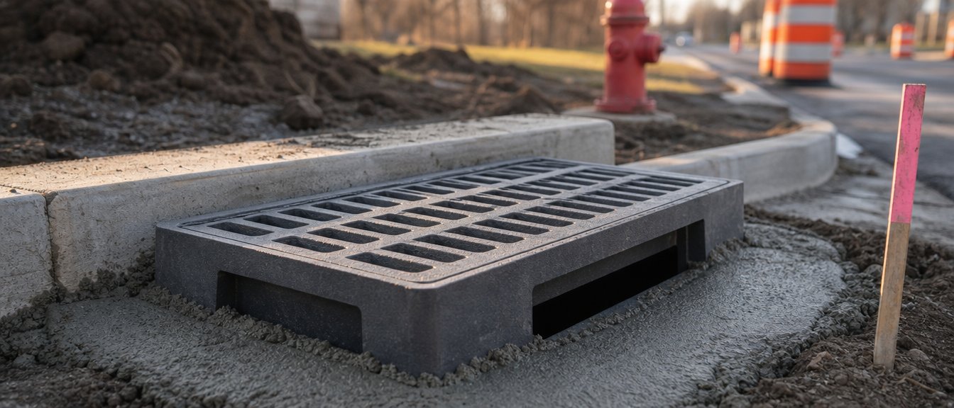 A cast iron storm-drain grate and frame set in fresh concrete at a curb, a fire hydrant and construction barrels behind