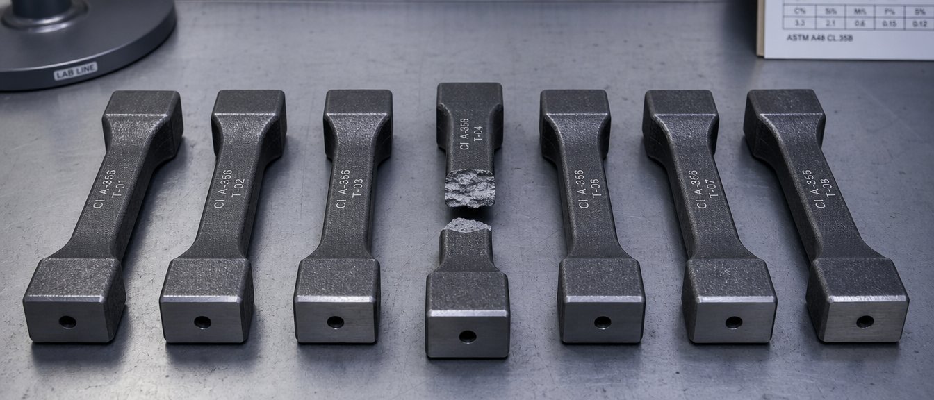 A row of machined cast iron tensile test bars on a lab bench, one broken to show the fracture