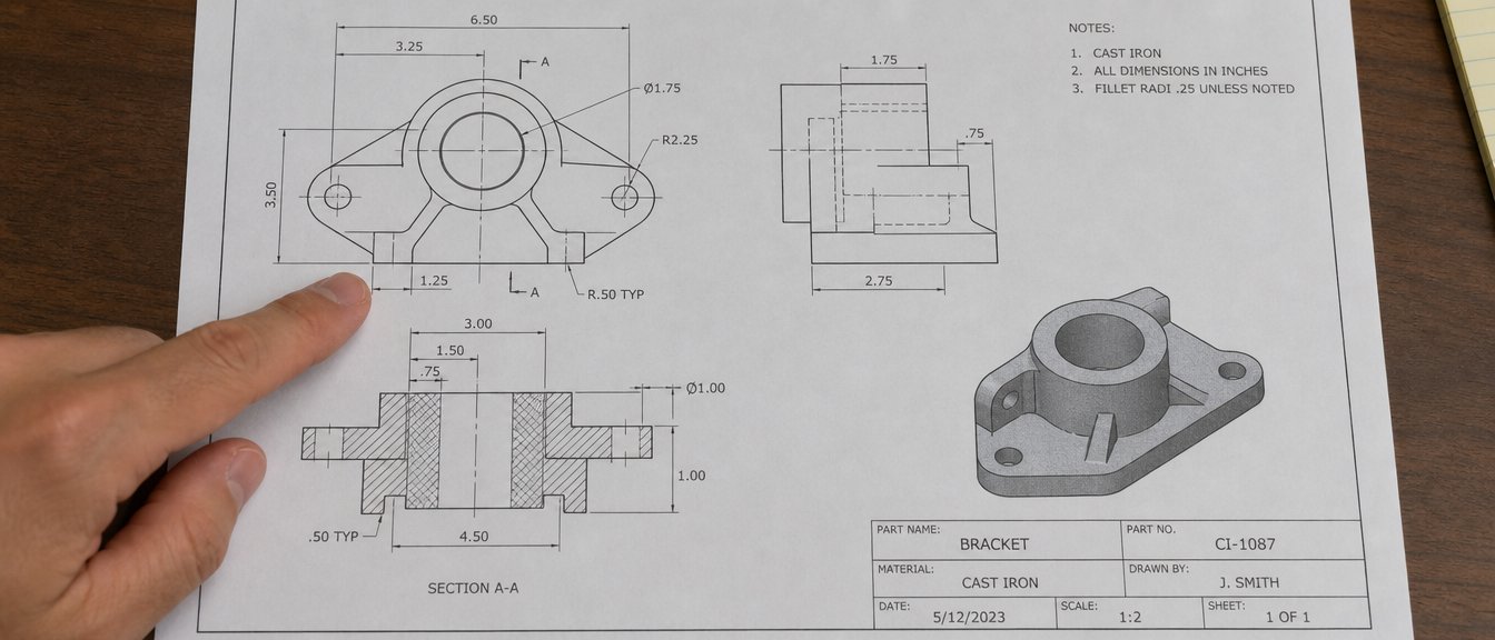A hand pointing at a dimensioned engineering drawing of a cast iron bracket