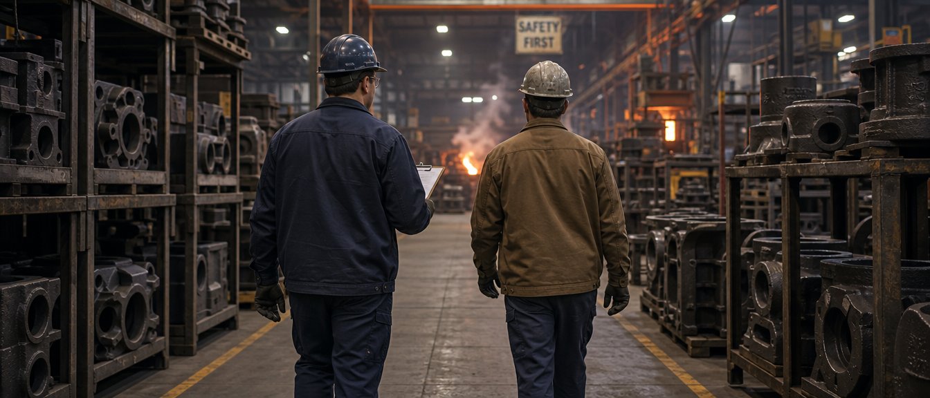 Two people seen from behind walking a foundry aisle between racks of iron castings, one with a clipboard