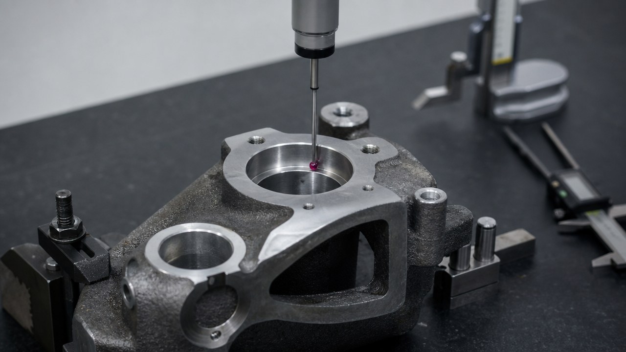 A CMM probe touching a machined bore on a grey iron casting on a granite plate
