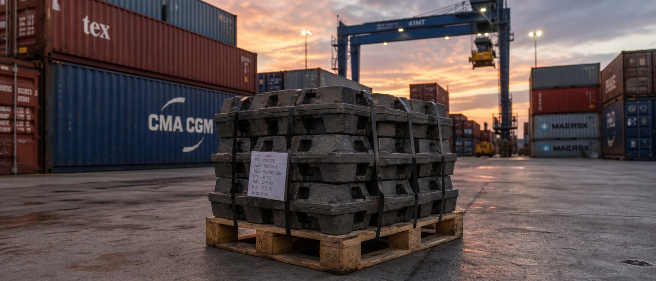 A banded pallet of iron castings in a shipping container yard at dusk, a gantry crane behind