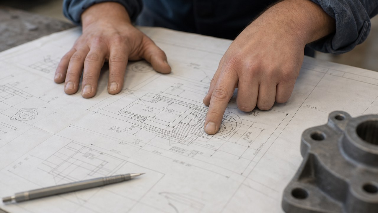 Two hands over a casting drawing, one finger pointing at a detail, a cast part alongside