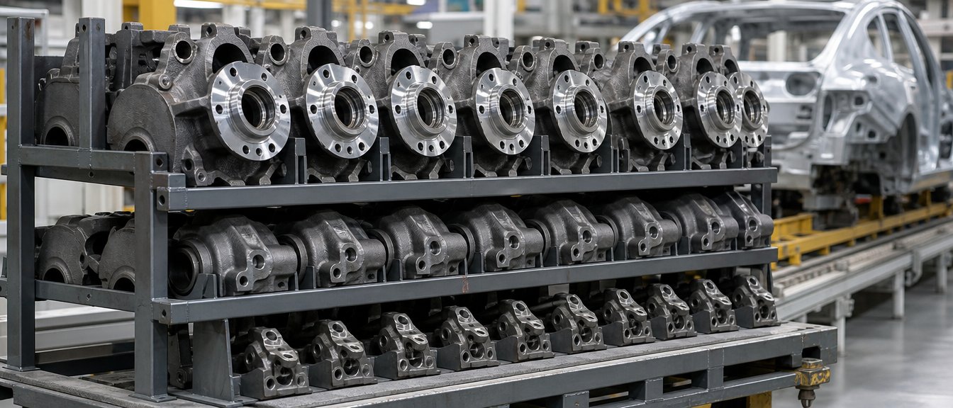 Racks of machined ductile iron hub and bracket castings on a transfer cart at the edge of an automotive assembly line