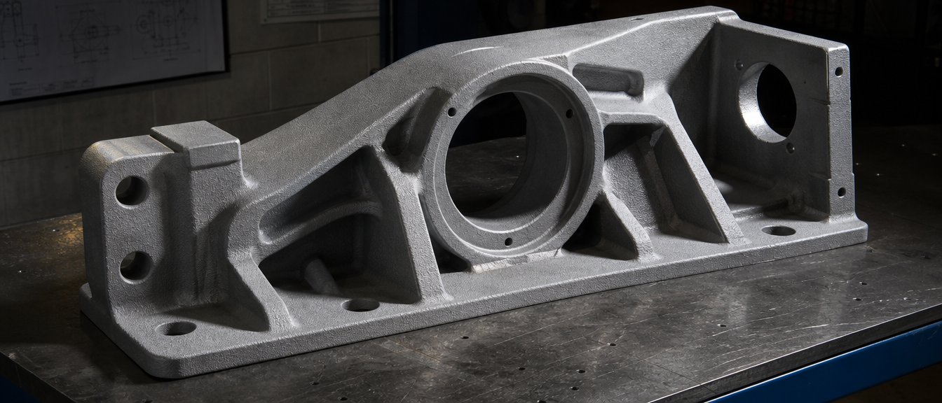 A large one-piece ductile iron bracket casting, shot-blasted grey, on a steel inspection bench