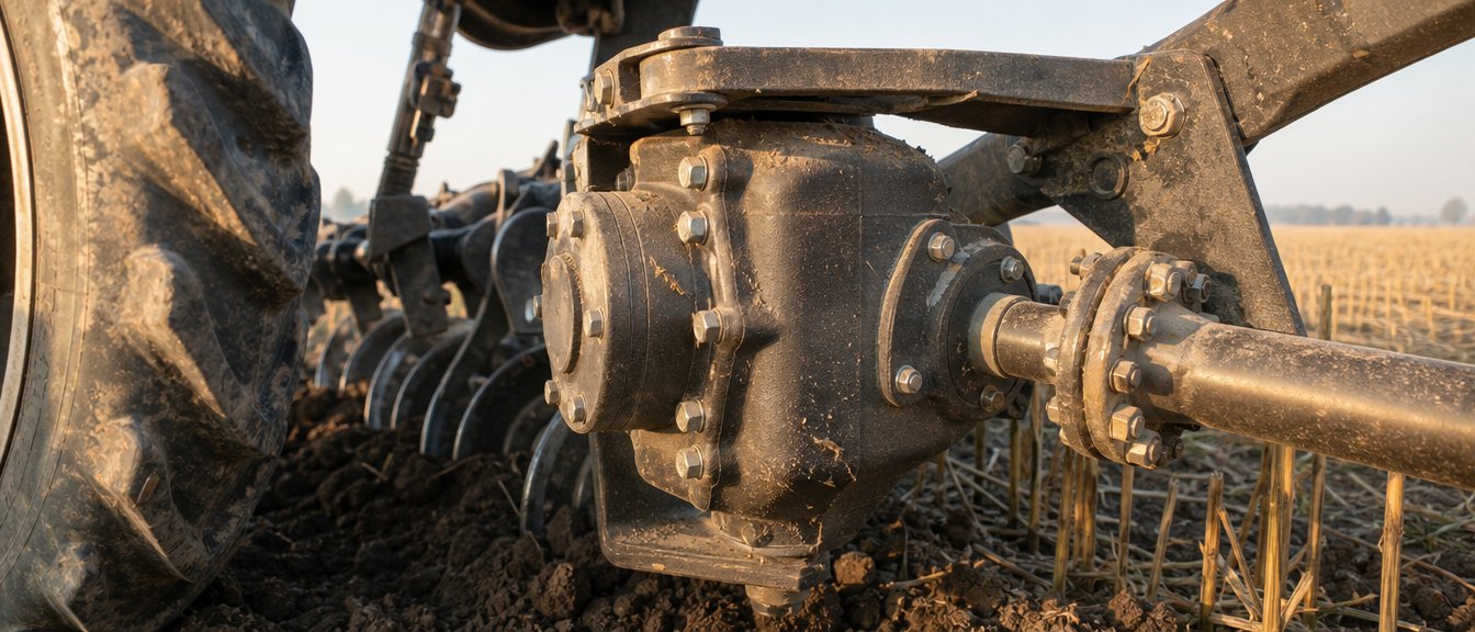 A ductile iron gearbox housing and hub on a tillage implement, photographed low against a stubble field