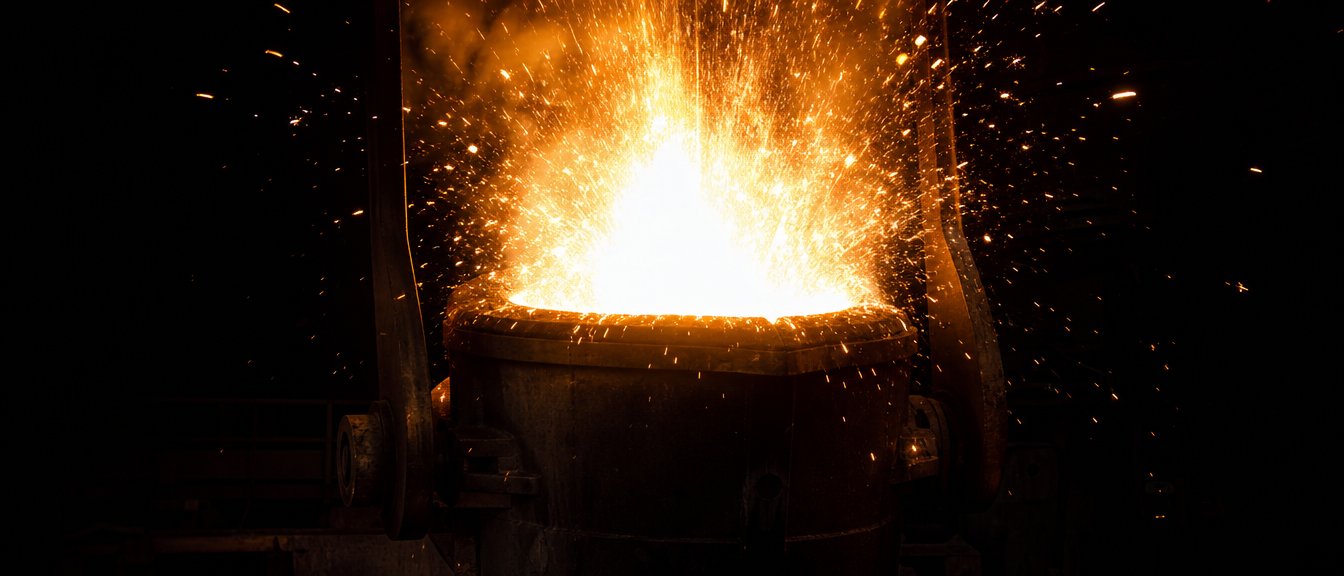 A treatment ladle at the moment of the magnesium reaction, a flare of white-orange light and sparks above the rim