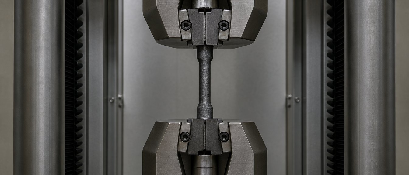 A ductile iron tensile test bar clamped in the grips of a universal testing machine