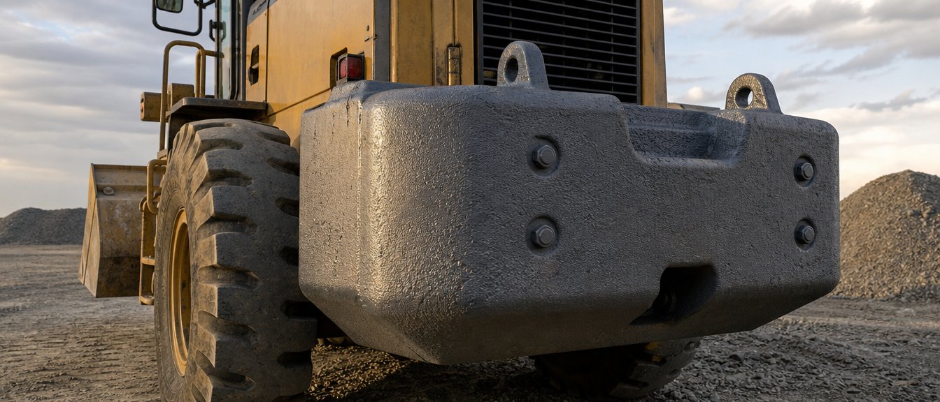 A multi-ton grey iron counterweight casting bolted to the rear of a wheel loader in a gravel yard