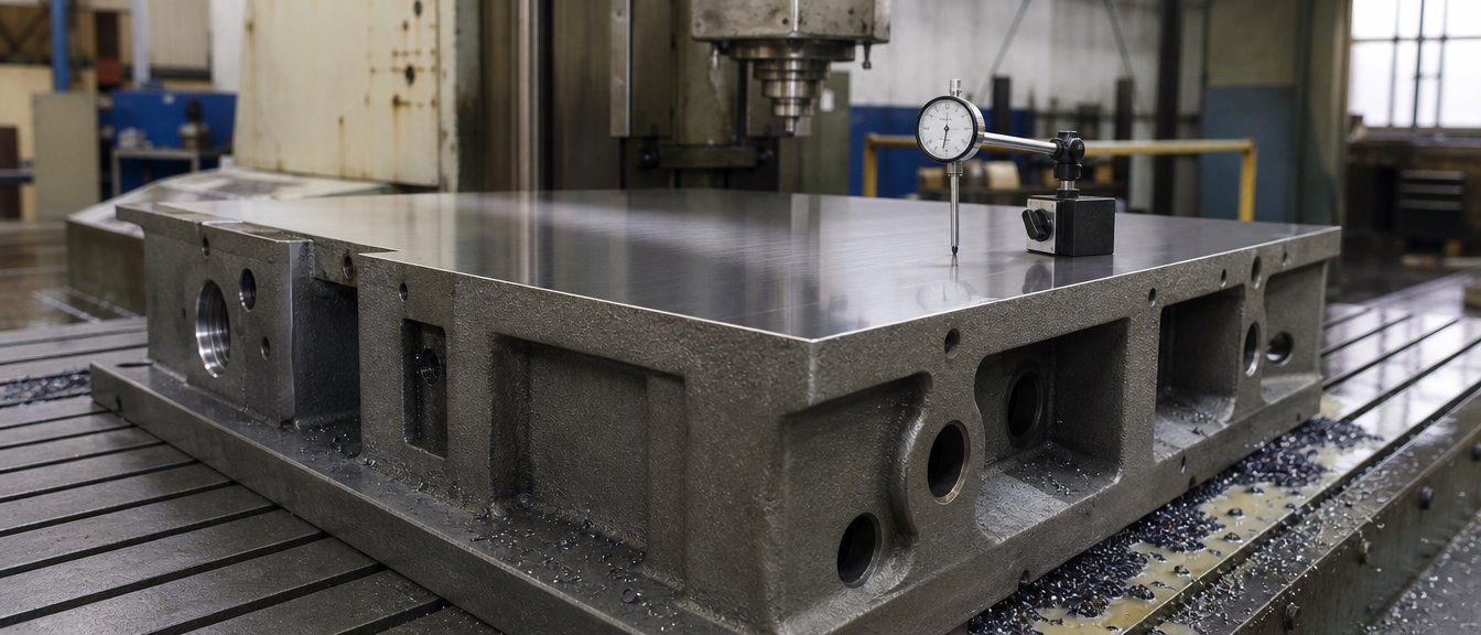 A grey iron machine base casting on a bridge mill, its top face machined flat, a dial indicator resting on the surface