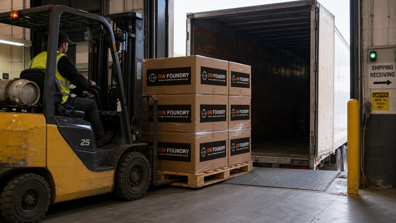A forklift loading a pallet of GW Foundry cartons into a trailer at the shipping dock