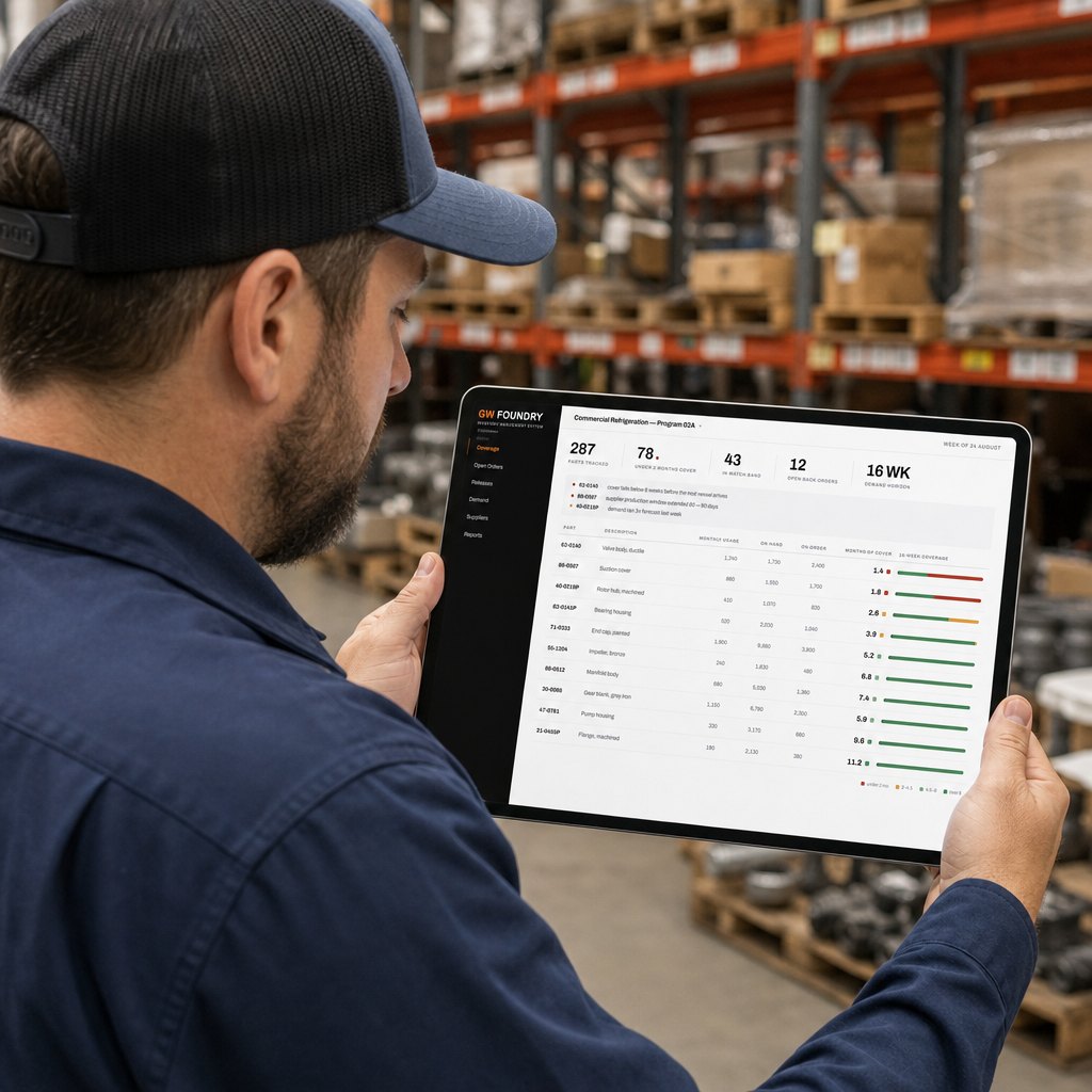 A warehouse worker in a GW cap reading the coverage screen on a tablet, racked pallets behind him