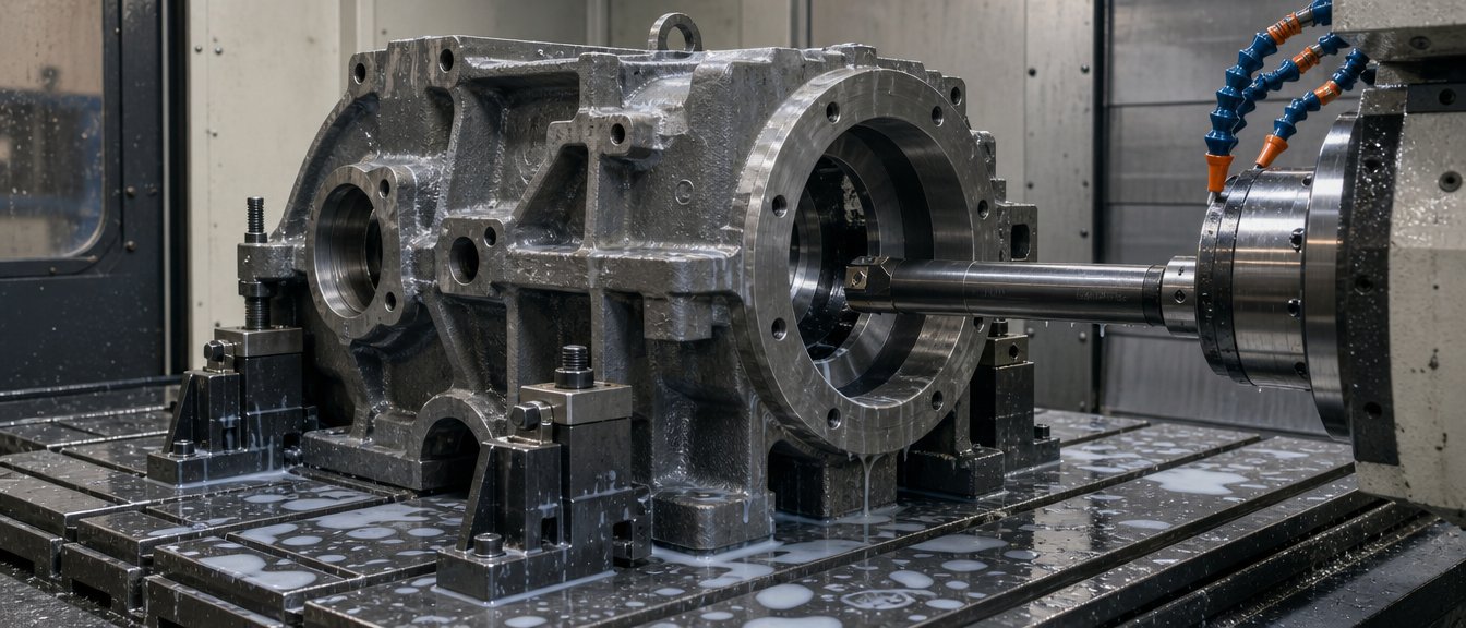 A grey iron housing casting fixtured on a CNC machining centre with a boring bar in the bore