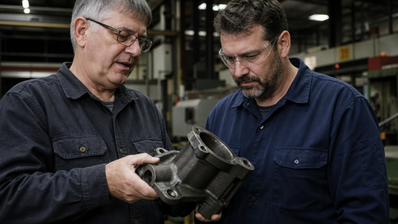 Two men examining a cast iron part together on a production floor