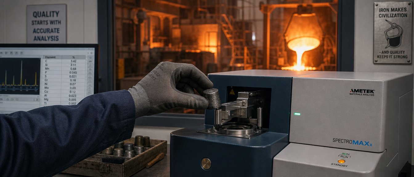 A gloved hand placing a cast iron sample in a spectrometer, the furnace glowing through the lab window