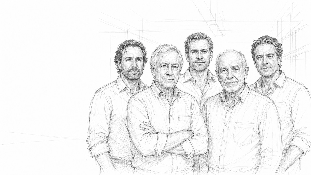 Pencil sketch: the GW leadership team, two generations together