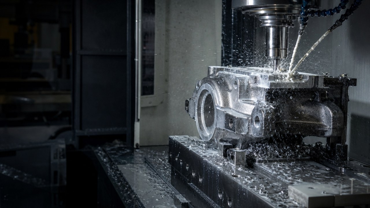 An end mill machining a face on a grey iron casting, coolant and chips flying
