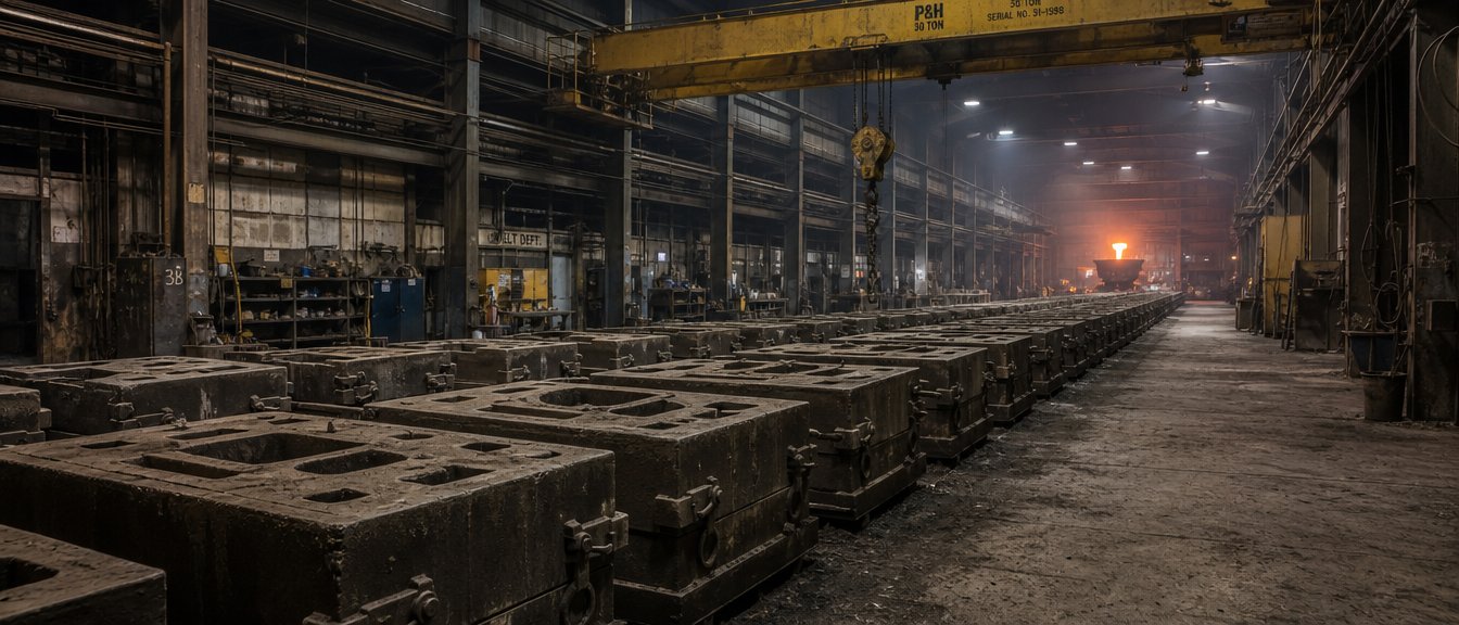 A long row of closed sand moulds on a foundry floor under an overhead crane, a ladle glowing in the distance
