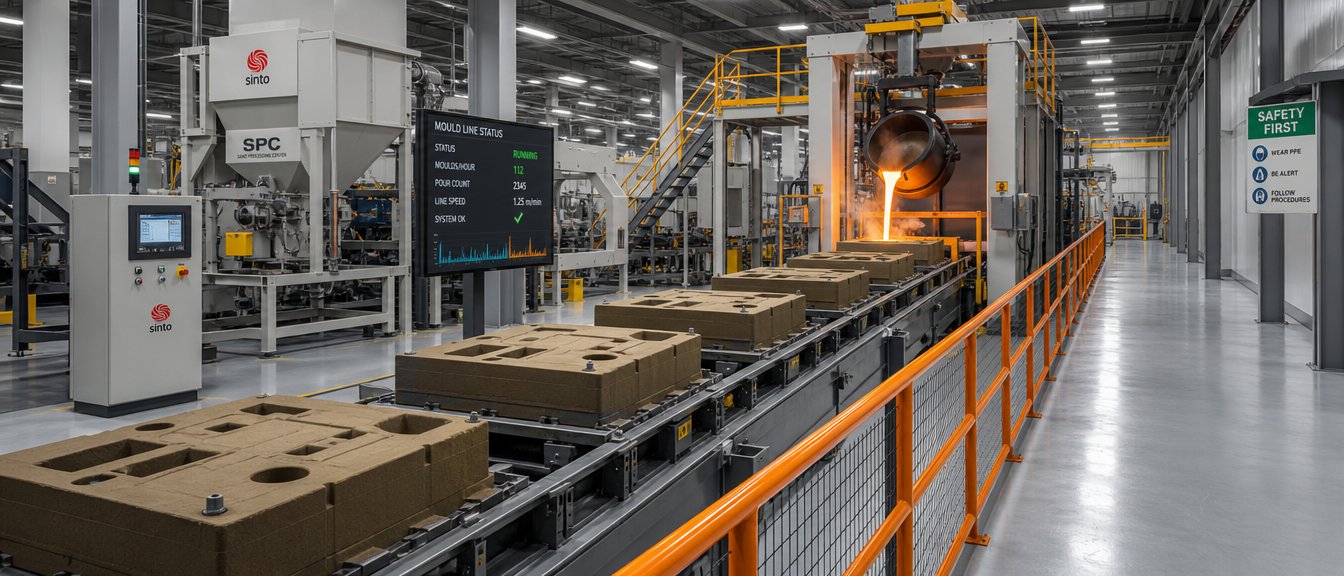 An automated foundry moulding line: sand moulds on a conveyor moving toward a pouring station