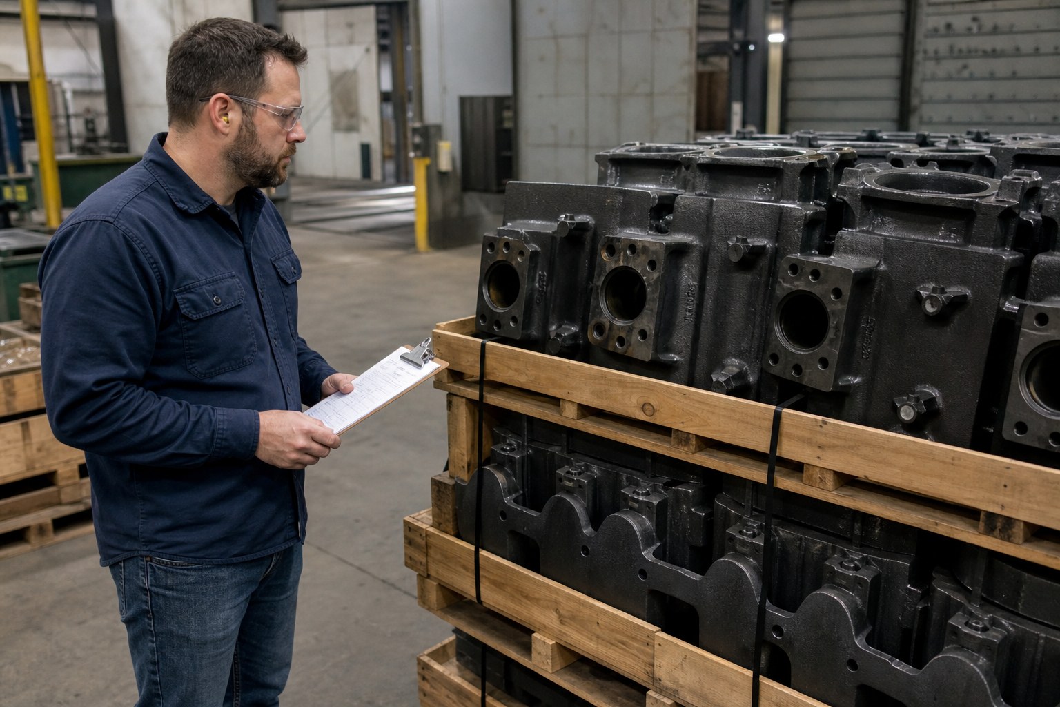 Banded pallets of cast iron parts being checked against a clipboard