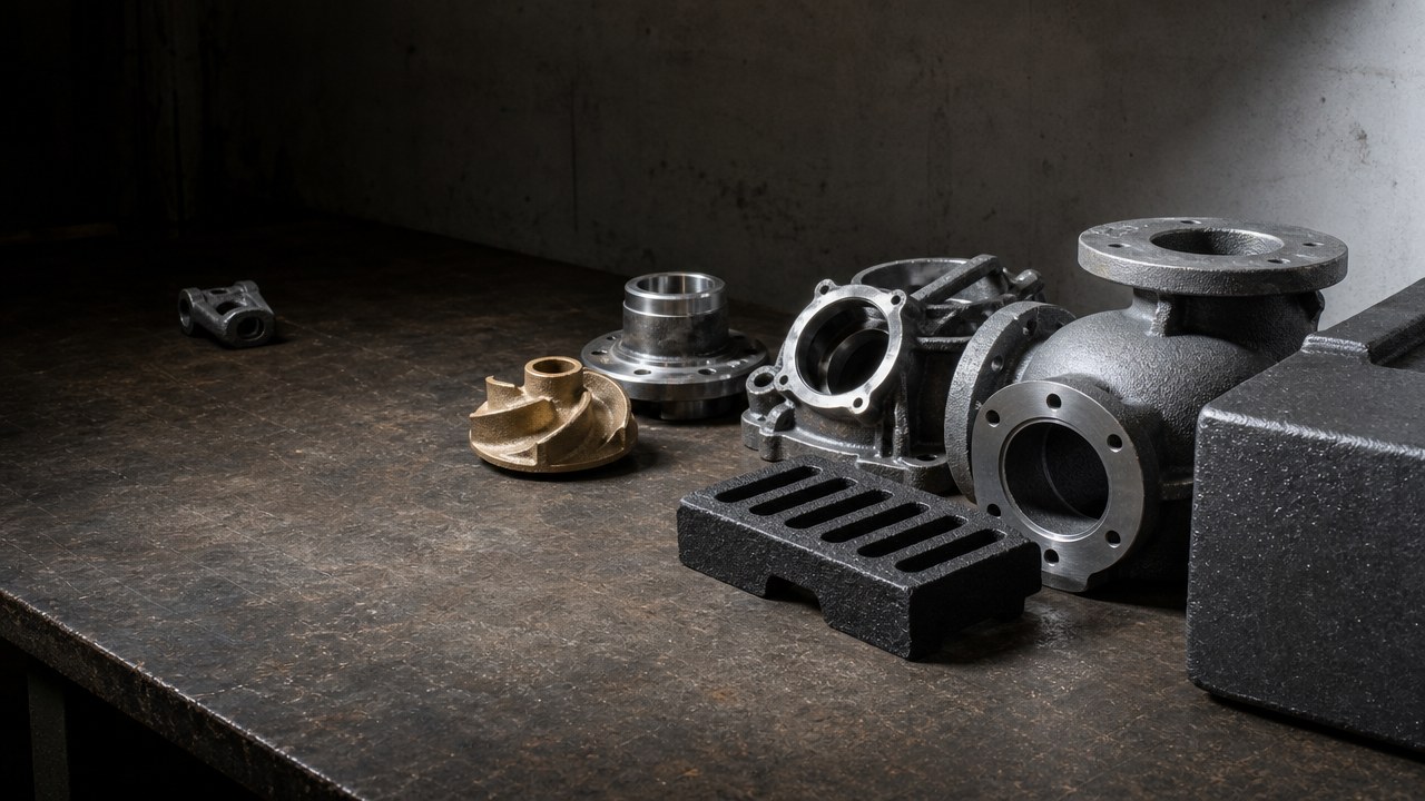 A group of finished castings on a workbench — valve body, gearbox housing, hub, bronze impeller, drainage grate and a counterweight