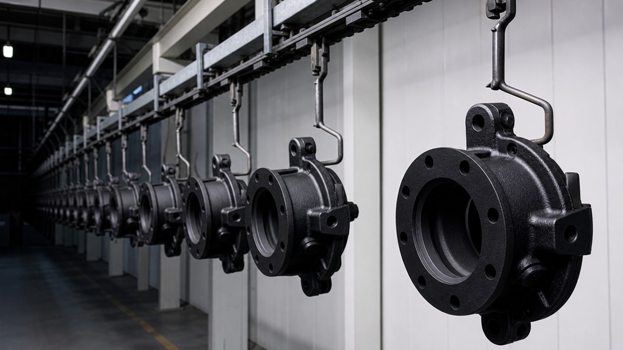 Freshly powder-coated castings hanging on an overhead conveyor, the line receding into the plant