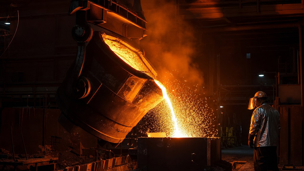 Molten iron pouring from an overhead ladle as a foundryman watches
