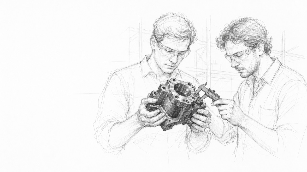 Pencil sketch: two young men inspecting a casting with a caliper