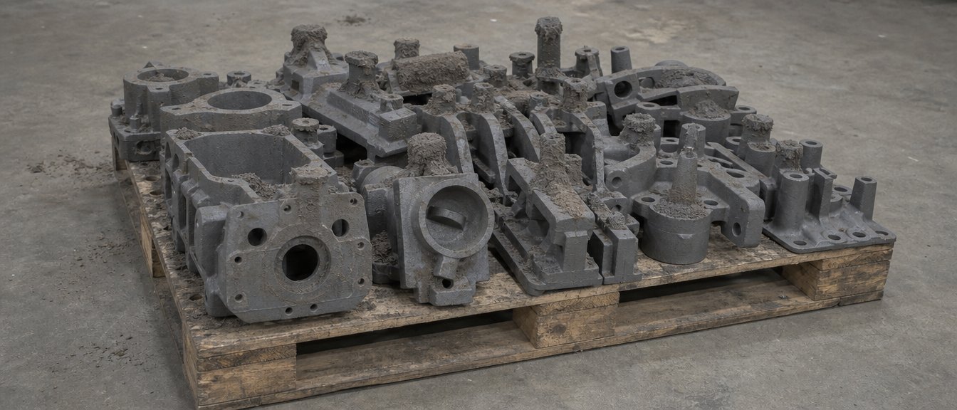 A pallet of raw grey iron castings fresh from shakeout, sand still on the surfaces and gates attached