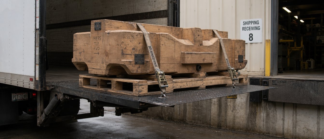 A large wooden foundry pattern strapped to a pallet on a truck liftgate at a loading dock