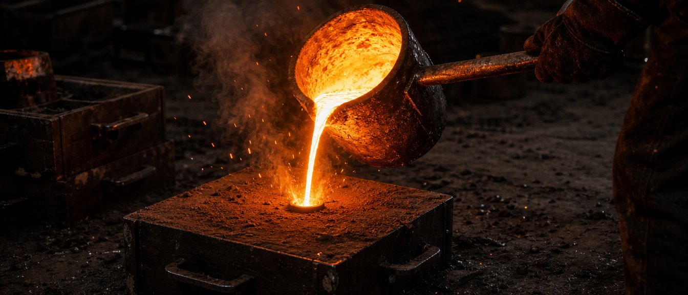 Molten iron poured from a hand ladle into the sprue of a packed sand mould on a foundry floor