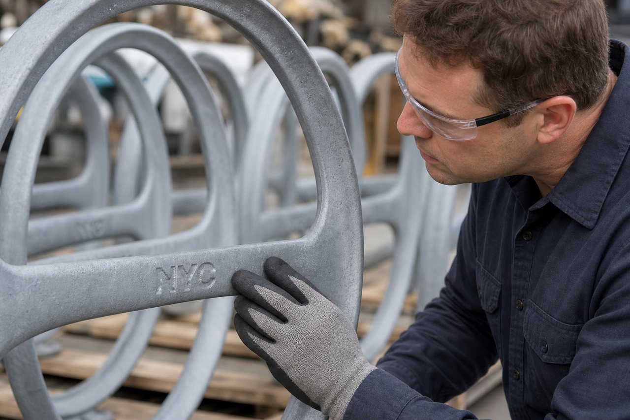 Inspecting a cast iron bike rack