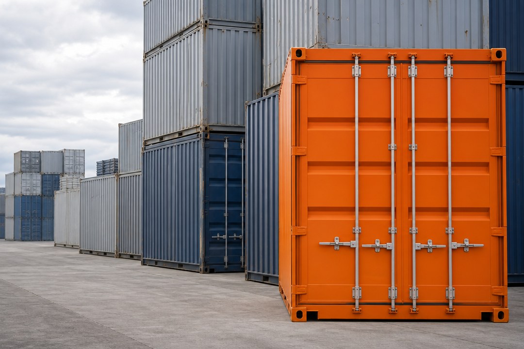 An orange shipping container standing among ranked grey and blue containers in a yard