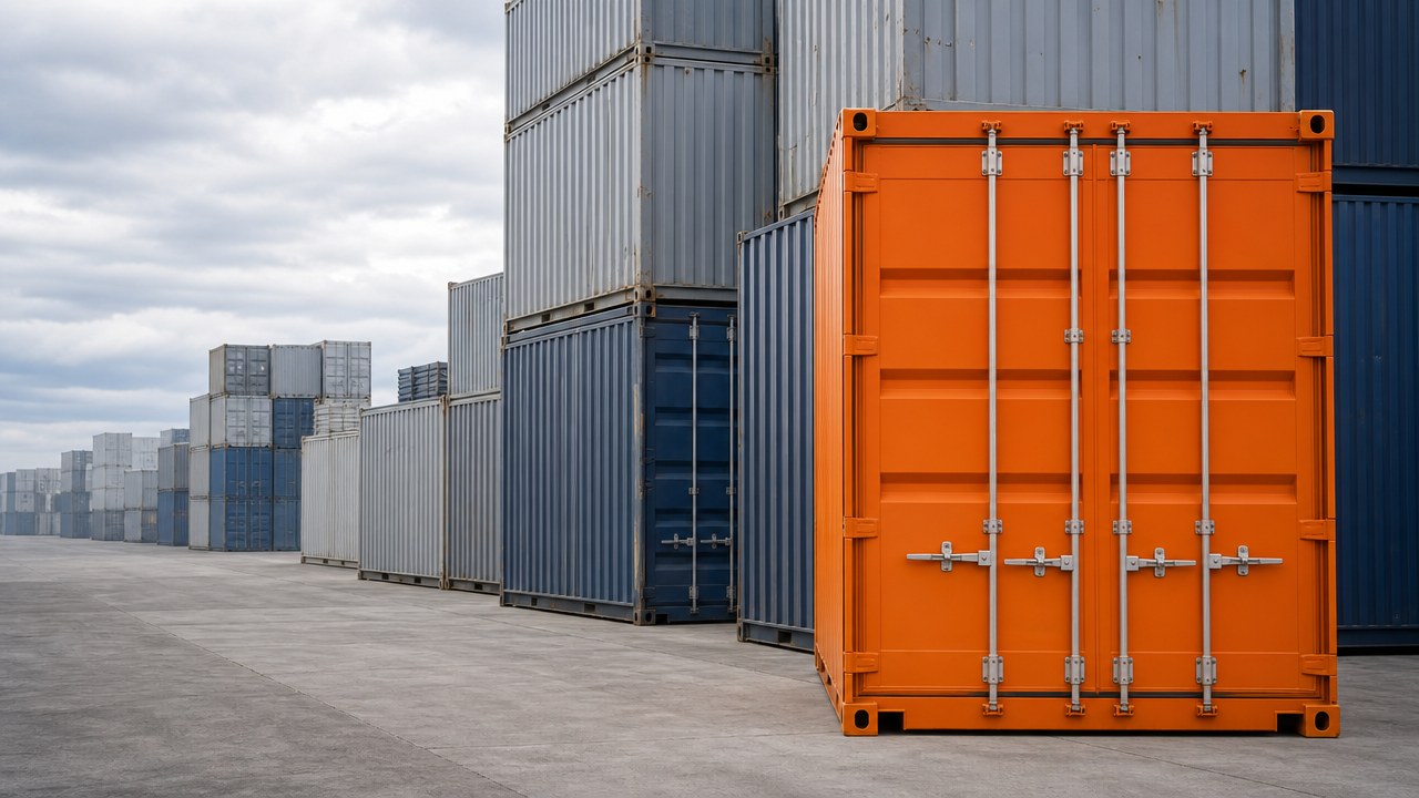 An orange shipping container standing among ranked grey and blue containers in a yard