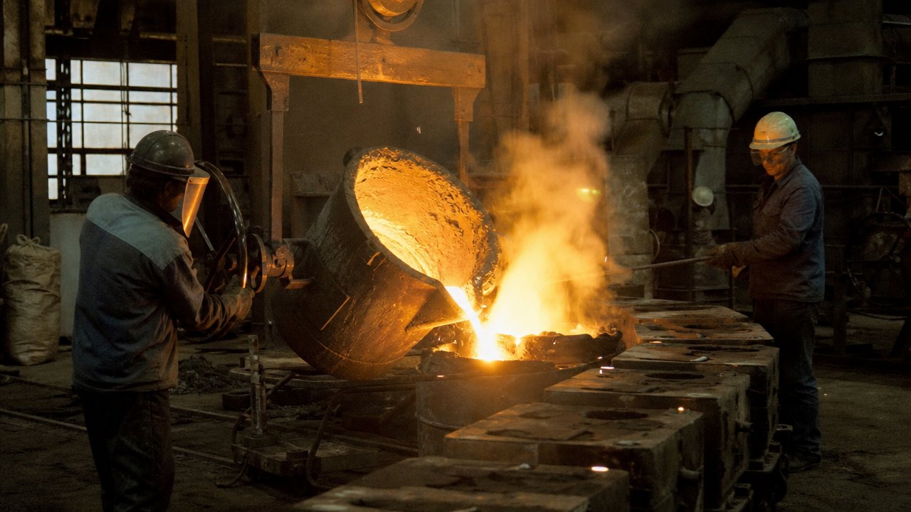 Two foundrymen pouring molten iron from a tilting ladle into a row of sand moulds