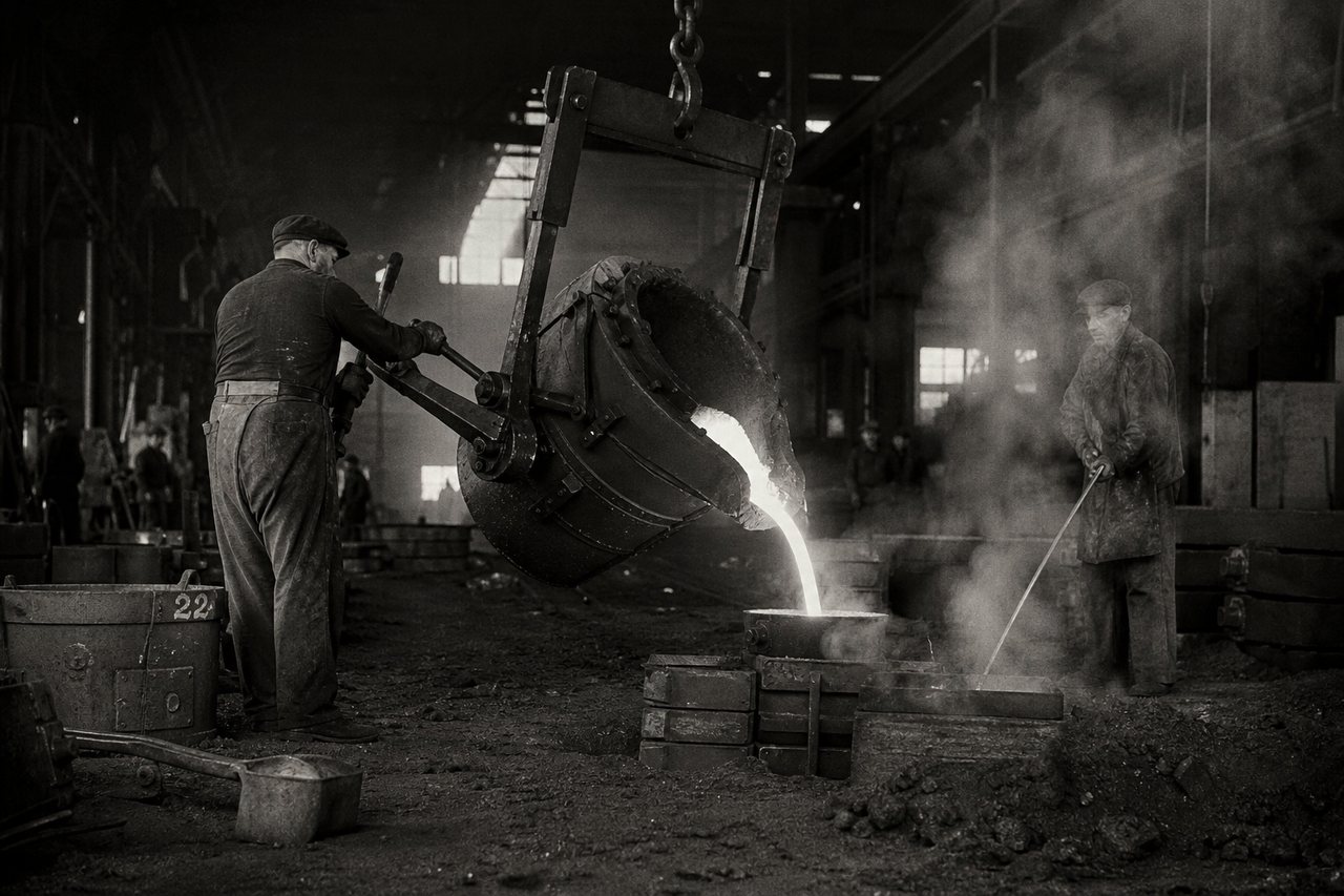 Foundrymen pouring molten iron from an overhead ladle