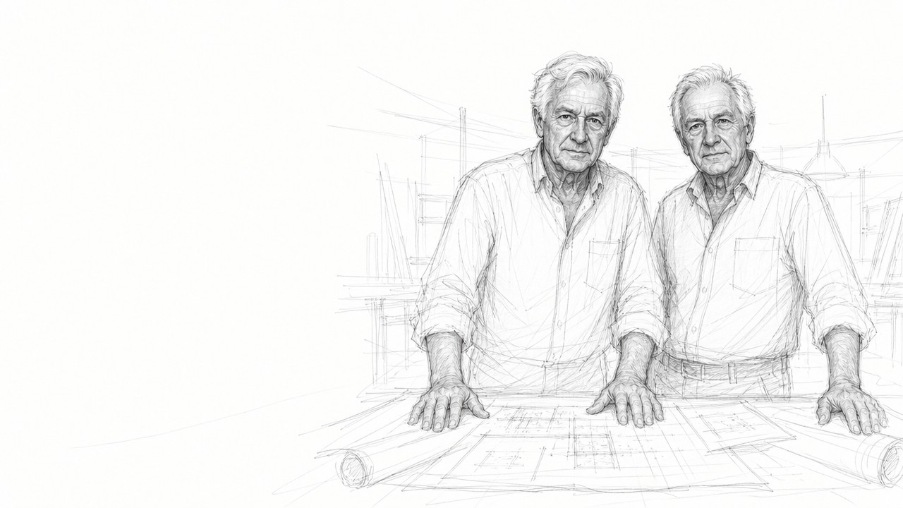 Pencil sketch: two brothers standing over drawings, looking at the viewer