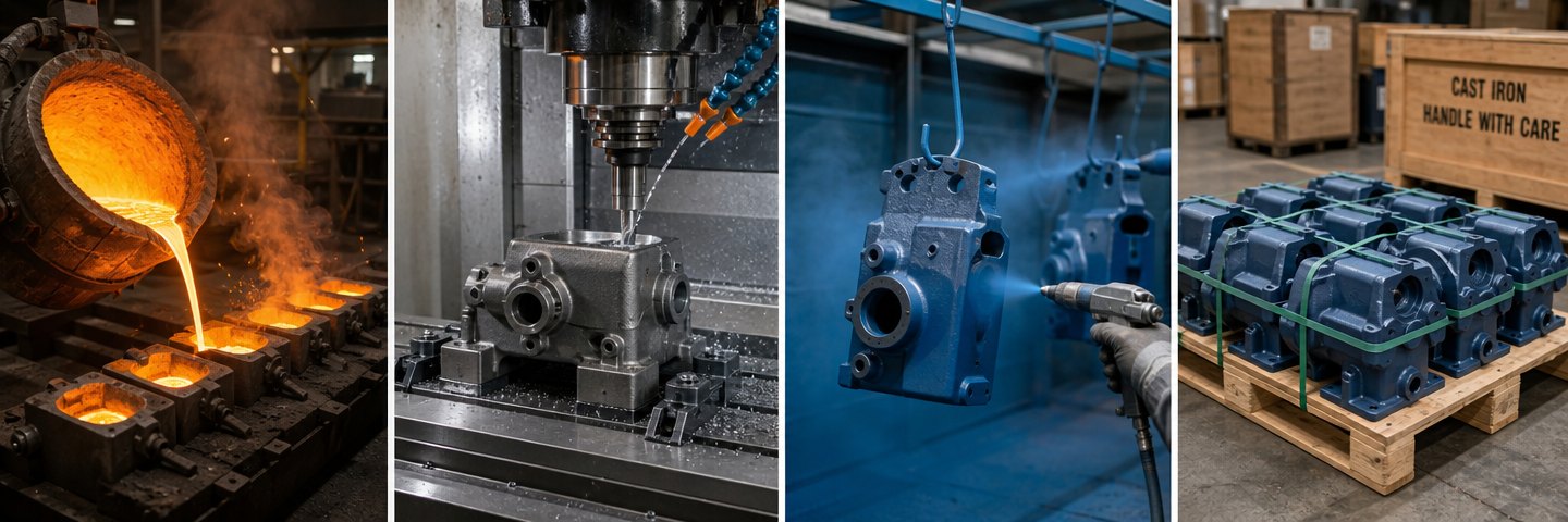 Four stages of a casting: pouring, machining, painting, and crated for delivery
